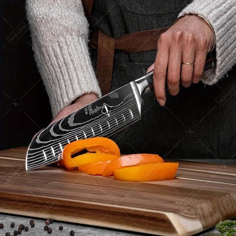 Stainless Steel Cooking Knife Laser Damascus Pattern Santoku Knife Professional Boning Knife Sharp Kitchen Knife