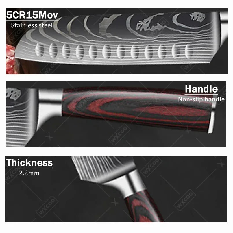 Stainless Steel Cooking Knife Laser Damascus Pattern Santoku Knife Professional Boning Knife Sharp Kitchen Knife