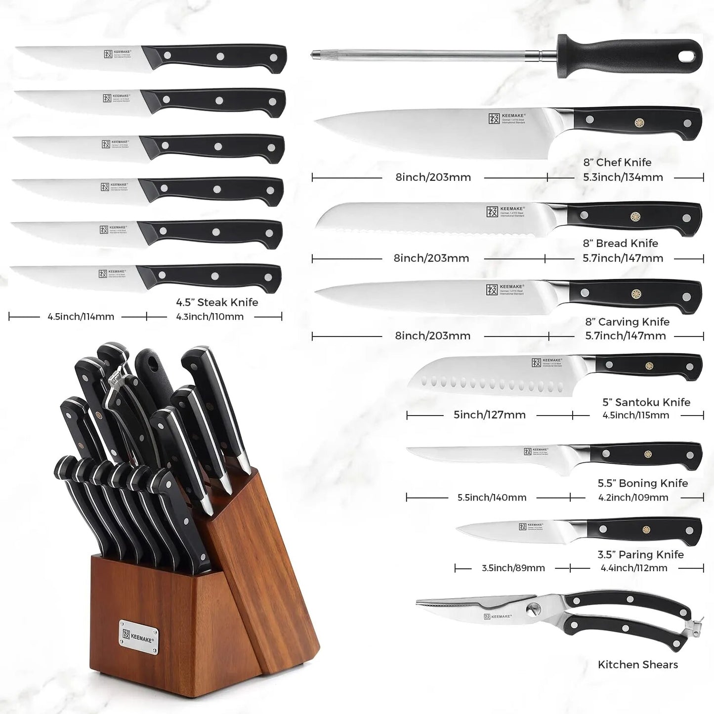 KEEMAKE 1-15PCS/Set Chef's Knives German Stainless Steel Kitchen Knife Razor Sharp