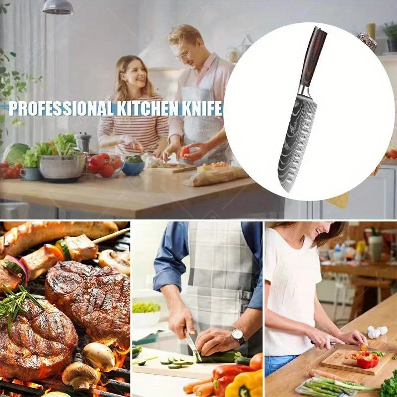 Stainless Steel Cooking Knife Laser Damascus Pattern Santoku Knife Professional Boning Knife Sharp Kitchen Knife