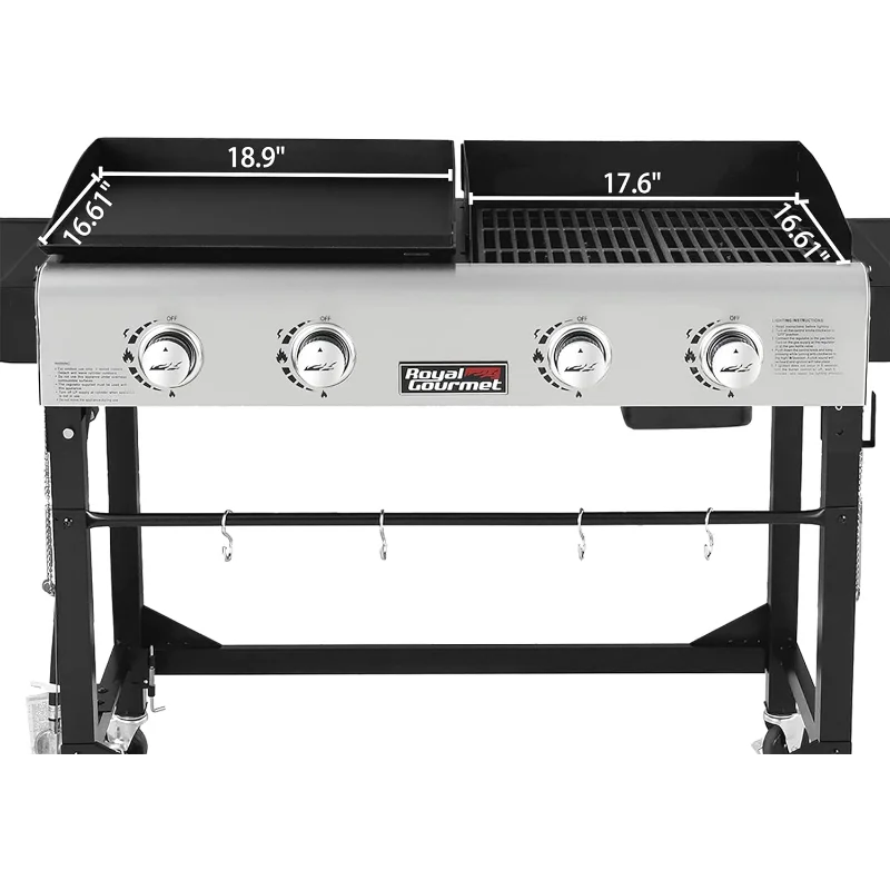 Royal Gourmet GD401 Portable Propane Gas Grill and Griddle Combo with Side Table | 4-Burner