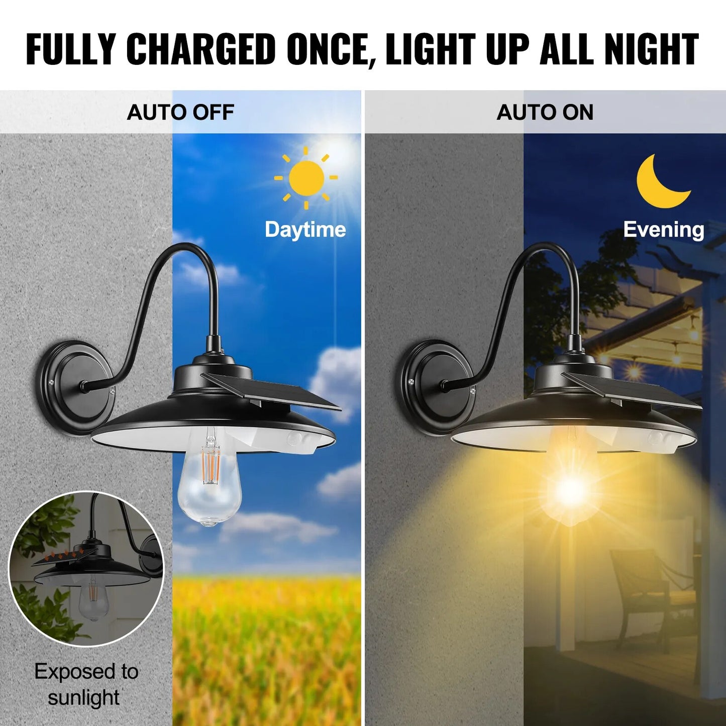 Solar Barn Light 3 Lighting Modes & Motion Sensor Wall Mount Farmhouse Gooseneck Lights