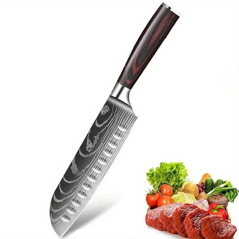 Stainless Steel Cooking Knife Laser Damascus Pattern Santoku Knife Professional Boning Knife Sharp Kitchen Knife