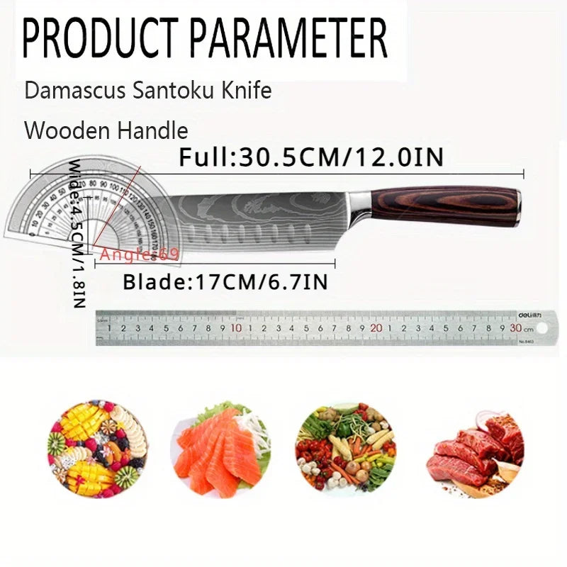 Stainless Steel Cooking Knife Laser Damascus Pattern Santoku Knife Professional Boning Knife Sharp Kitchen Knife