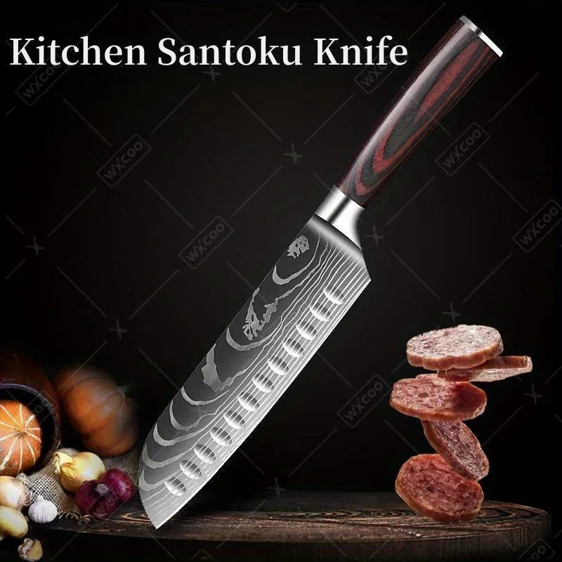 Stainless Steel Cooking Knife Laser Damascus Pattern Santoku Knife Professional Boning Knife Sharp Kitchen Knife