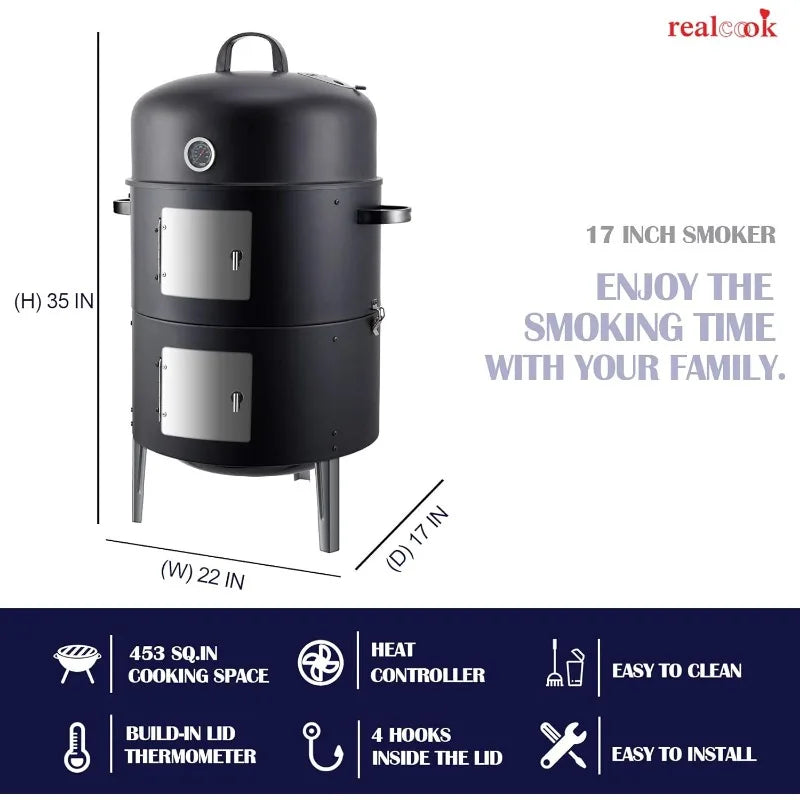 Vertical 17 Inch Steel Charcoal Smoker, Heavy Duty