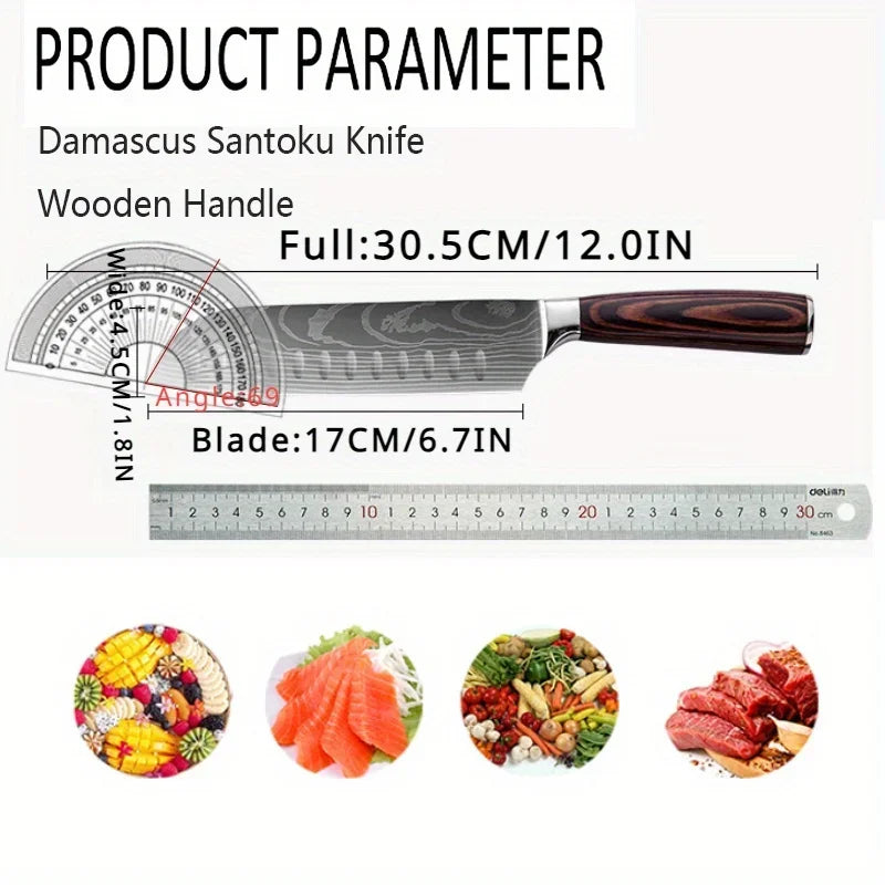 Stainless Steel Cooking Knife Laser Damascus Pattern Santoku Knife Professional Boning Knife Sharp Kitchen Knife