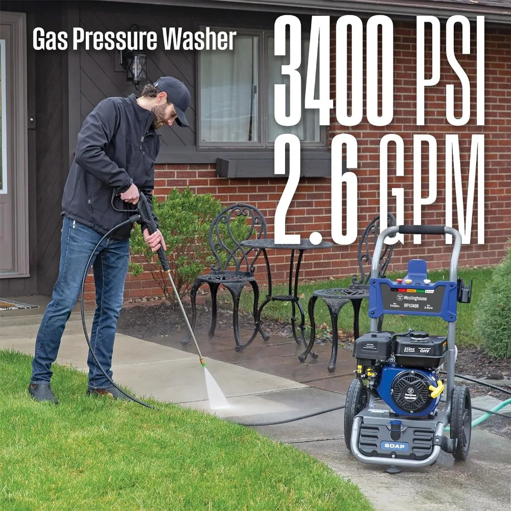 Gas Pressure Washer, 3400 PSI and 2.6 Max GPM, Onboard Soap Tank, Spray Gun and Wand, 5 Nozzle Set, for Cars