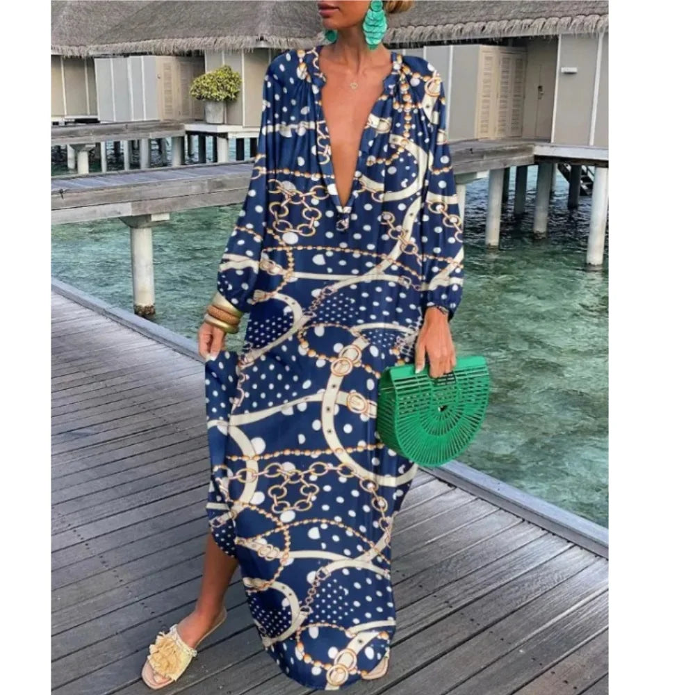 Elegant Women's Maxi Dresses 2024 Summer Casual Fashion V Neck Long Vacation Beach Dress