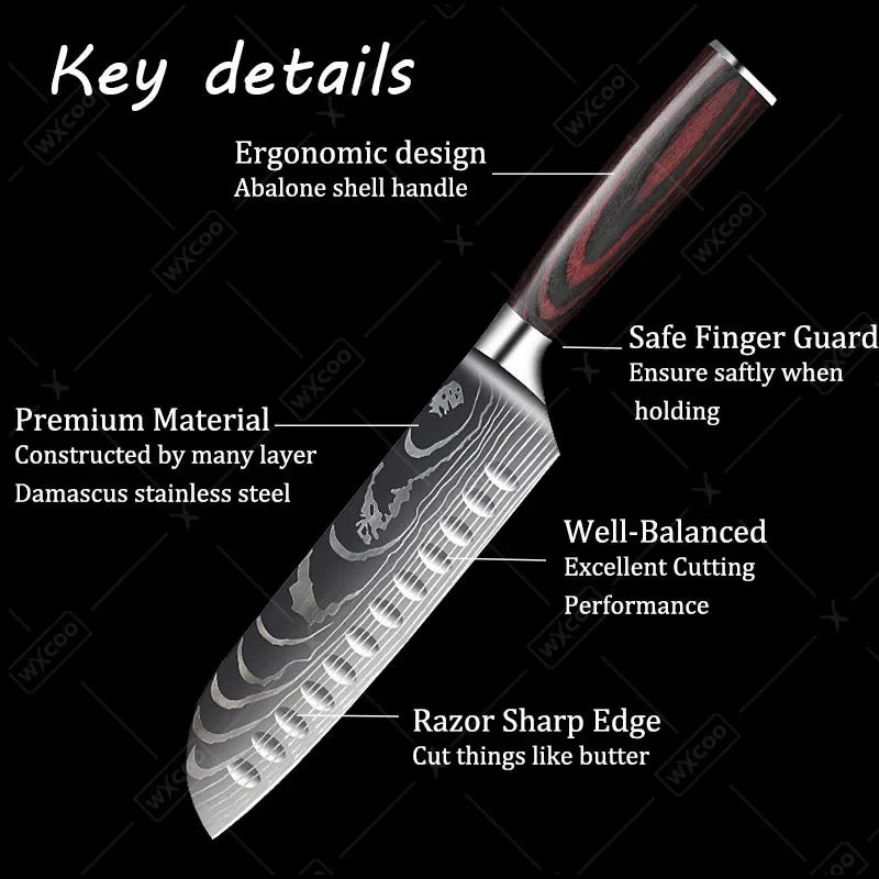 Stainless Steel Cooking Knife Laser Damascus Pattern Santoku Knife Professional Boning Knife Sharp Kitchen Knife