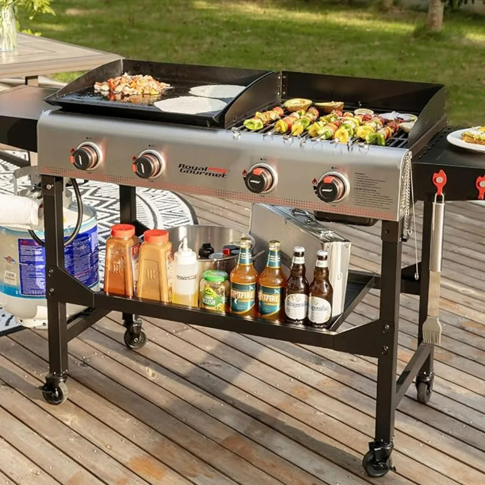 4-Burner Portable Flat Top Gas Grill and Griddle Combo with Folding Legs, 48,000 BTU