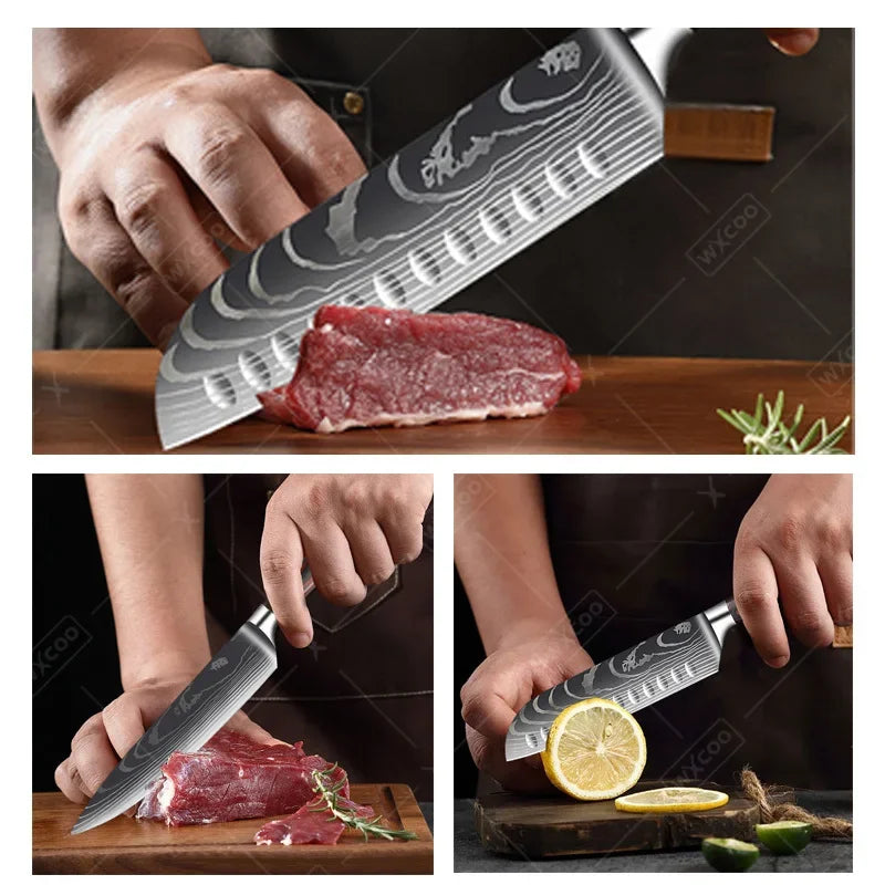 Stainless Steel Cooking Knife Laser Damascus Pattern Santoku Knife Professional Boning Knife Sharp Kitchen Knife