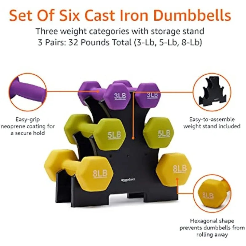 Neoprene Workout Dumbbell 32-Pounds total - 3 Pairs (3-Lb, 5-Lb, 8-Lb) & Weight Rack