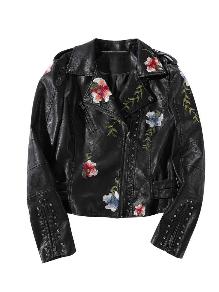 FTLZZ New Spring Autumn Women Biker Leather Jacket Floral Print Embroidery Pu Leather Jacket Turn-down Collar Zipper Jacket - justforyoushopping23