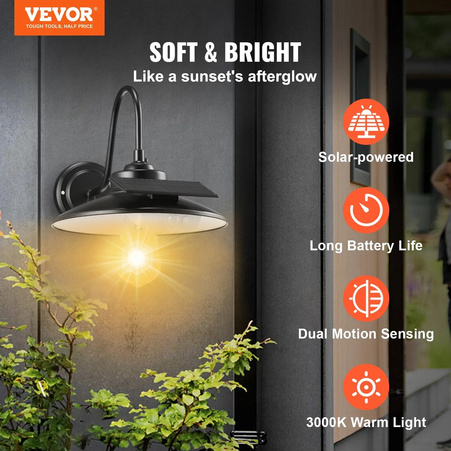 Solar Barn Light 3 Lighting Modes & Motion Sensor Wall Mount Farmhouse Gooseneck Lights