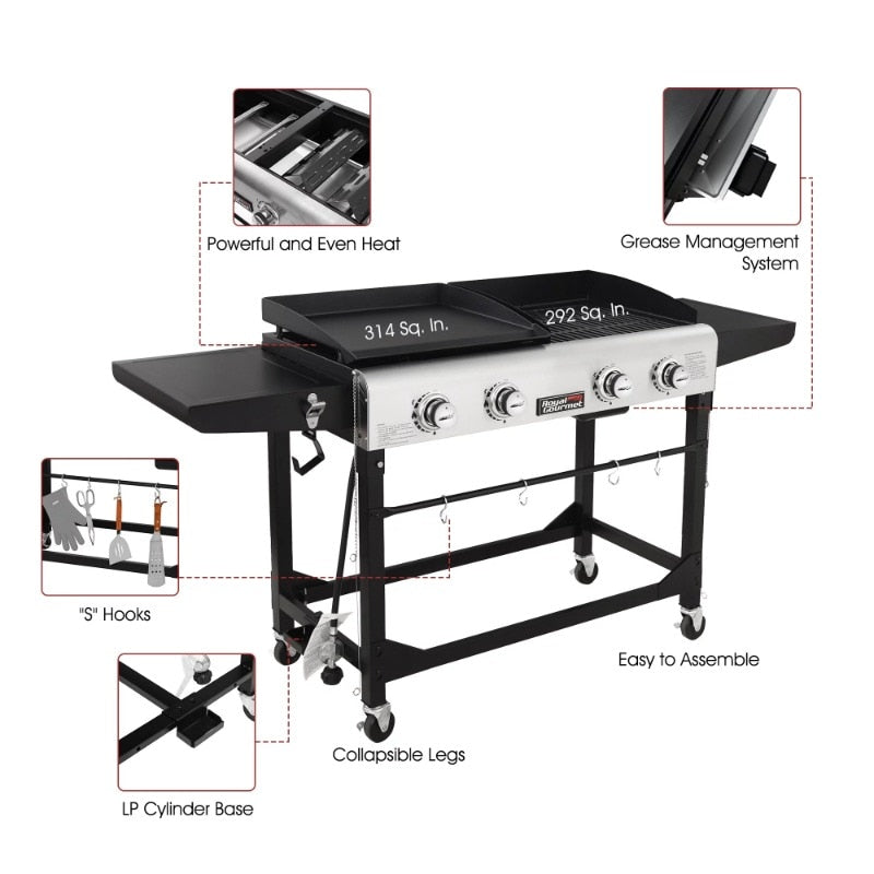 Royal Gourmet 4-Burner GD401 Portable Flat Top Gas Grill and Griddle Combo with Folding Legs - justforyoushopping23