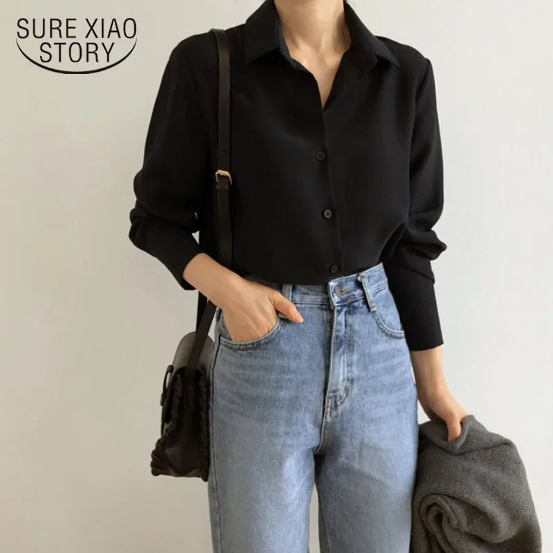 Spring Fashion Women Blouse White Blouse Bottom Shirt Black Chiffon Shirt Office