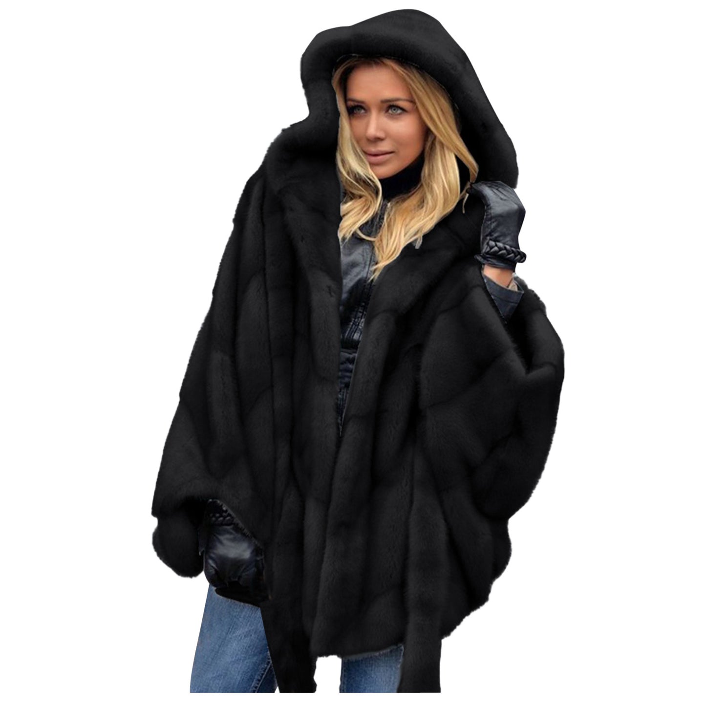 Elegant Faux Fur Coat Women Hooded Jacket Winter Fashion Warm Outwear Casual Solid Long Sleeve