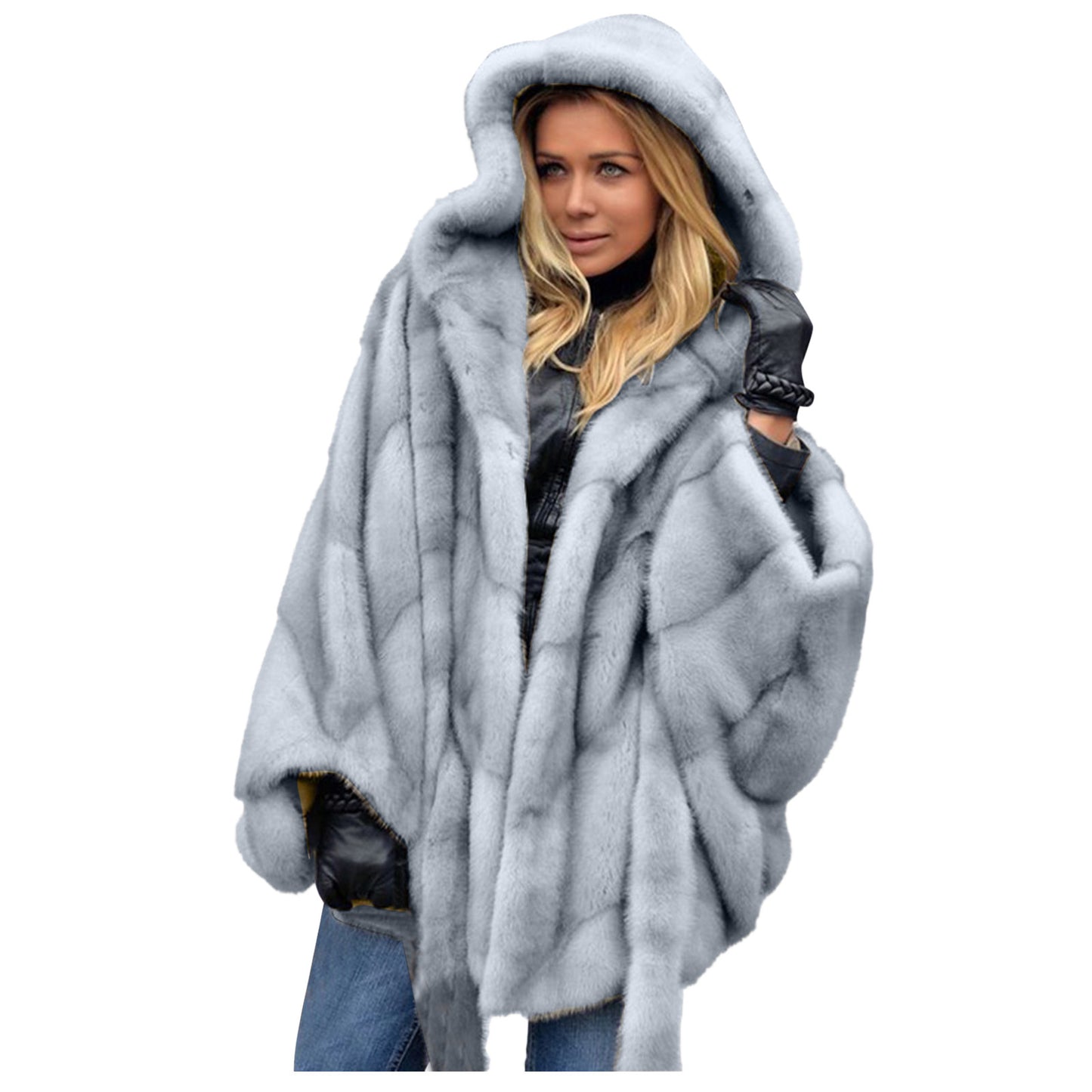 Elegant Faux Fur Coat Women Hooded Jacket Winter Fashion Warm Outwear Casual Solid Long Sleeve