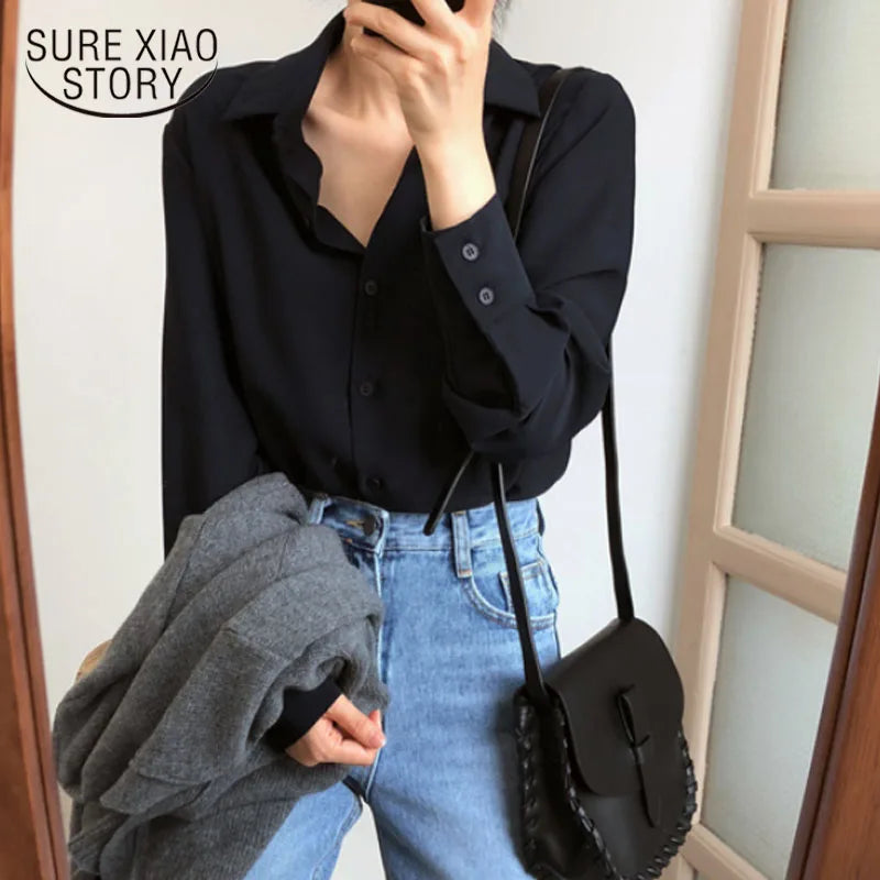 Spring Fashion Women Blouse White Blouse Bottom Shirt Black Chiffon Shirt Office