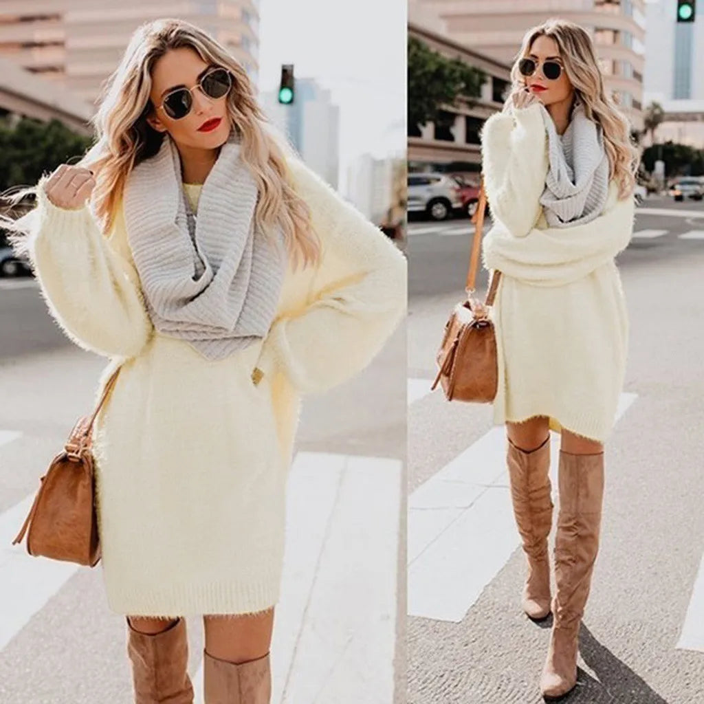 Women Sweater Dresses Autumn Winter Warm Turtleneck Pullovers Tops New Casual Long Sleeve Jumper Ladies Sweater Dress