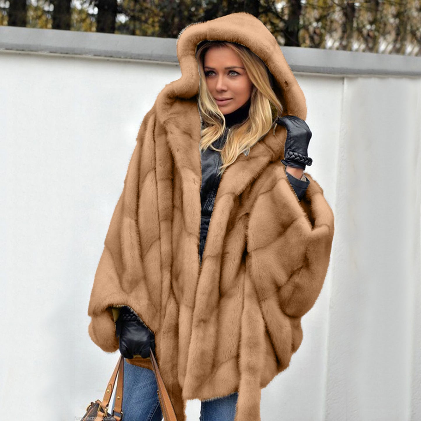 Elegant Faux Fur Coat Women Hooded Jacket Winter Fashion Warm Outwear Casual Solid Long Sleeve