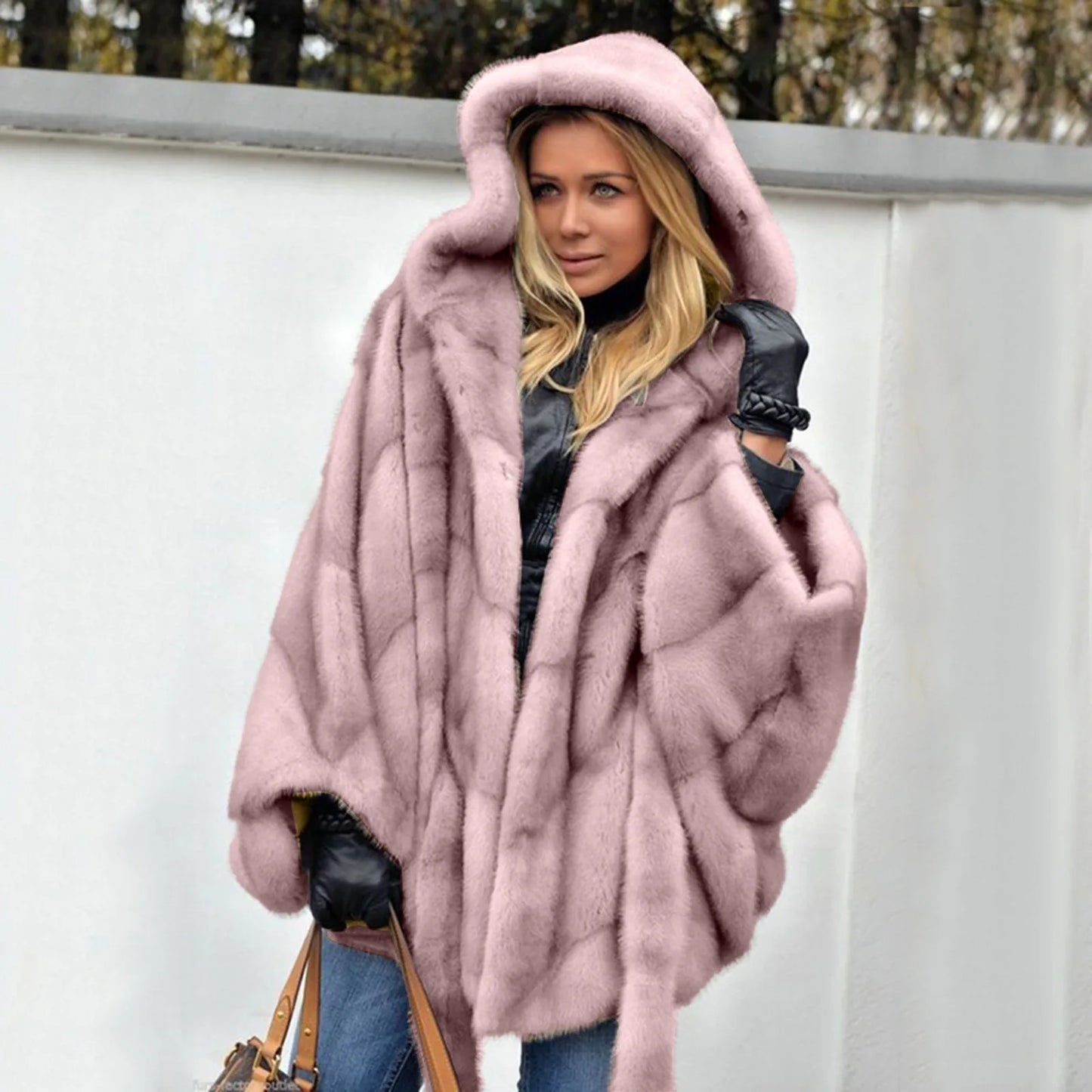 Elegant Faux Fur Coat Women Hooded Jacket Winter Fashion Warm Outwear Casual Solid Long Sleeve