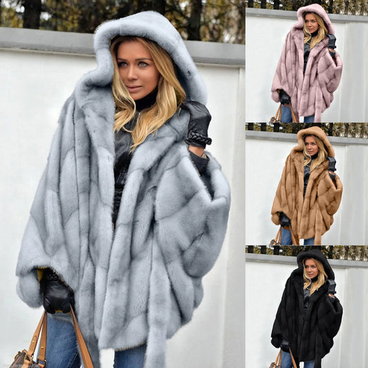 Elegant Faux Fur Coat Women Hooded Jacket Winter Fashion Warm Outwear Casual Solid Long Sleeve