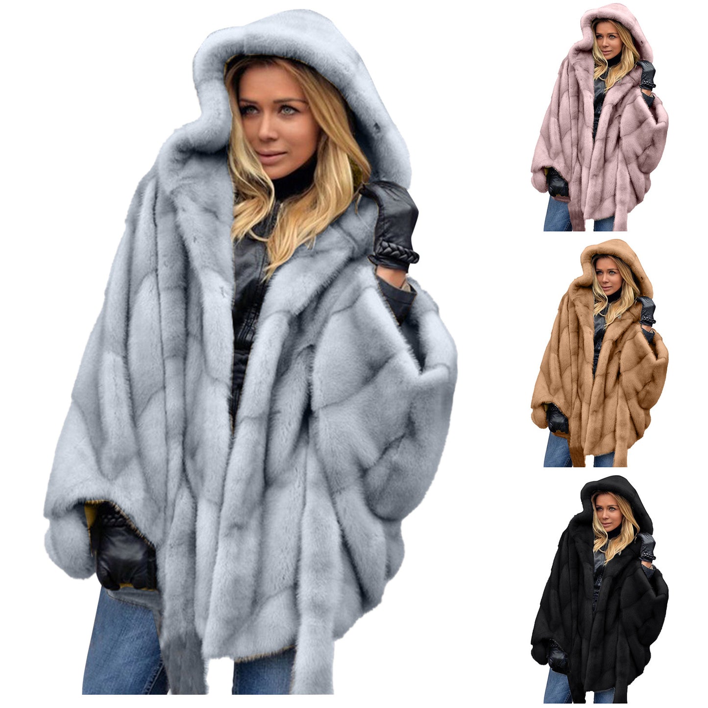 Elegant Faux Fur Coat Women Hooded Jacket Winter Fashion Warm Outwear Casual Solid Long Sleeve