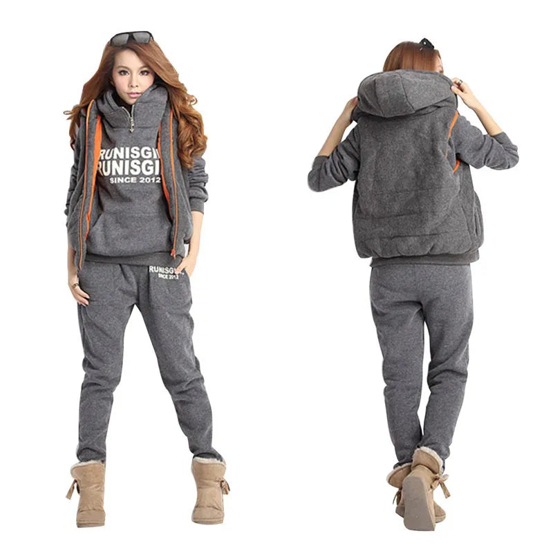 Women Tracksuits Autumn Winter 3 Piece Set Hoodies + Vest + Pants Sport Suit