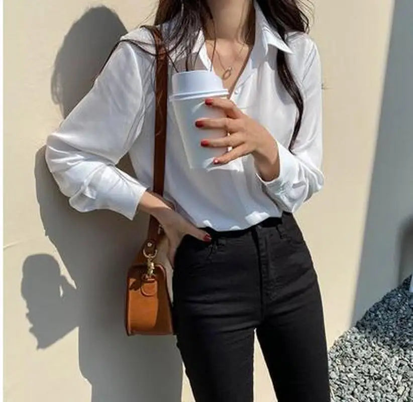 Spring Fashion Women Blouse White Blouse Bottom Shirt Black Chiffon Shirt Office