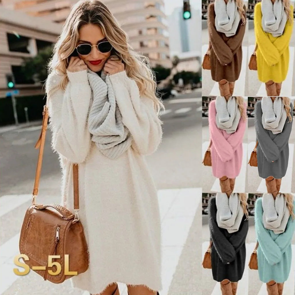 Women Sweater Dresses Autumn Winter Warm Turtleneck Pullovers Tops New Casual Long Sleeve Jumper Ladies Sweater Dress