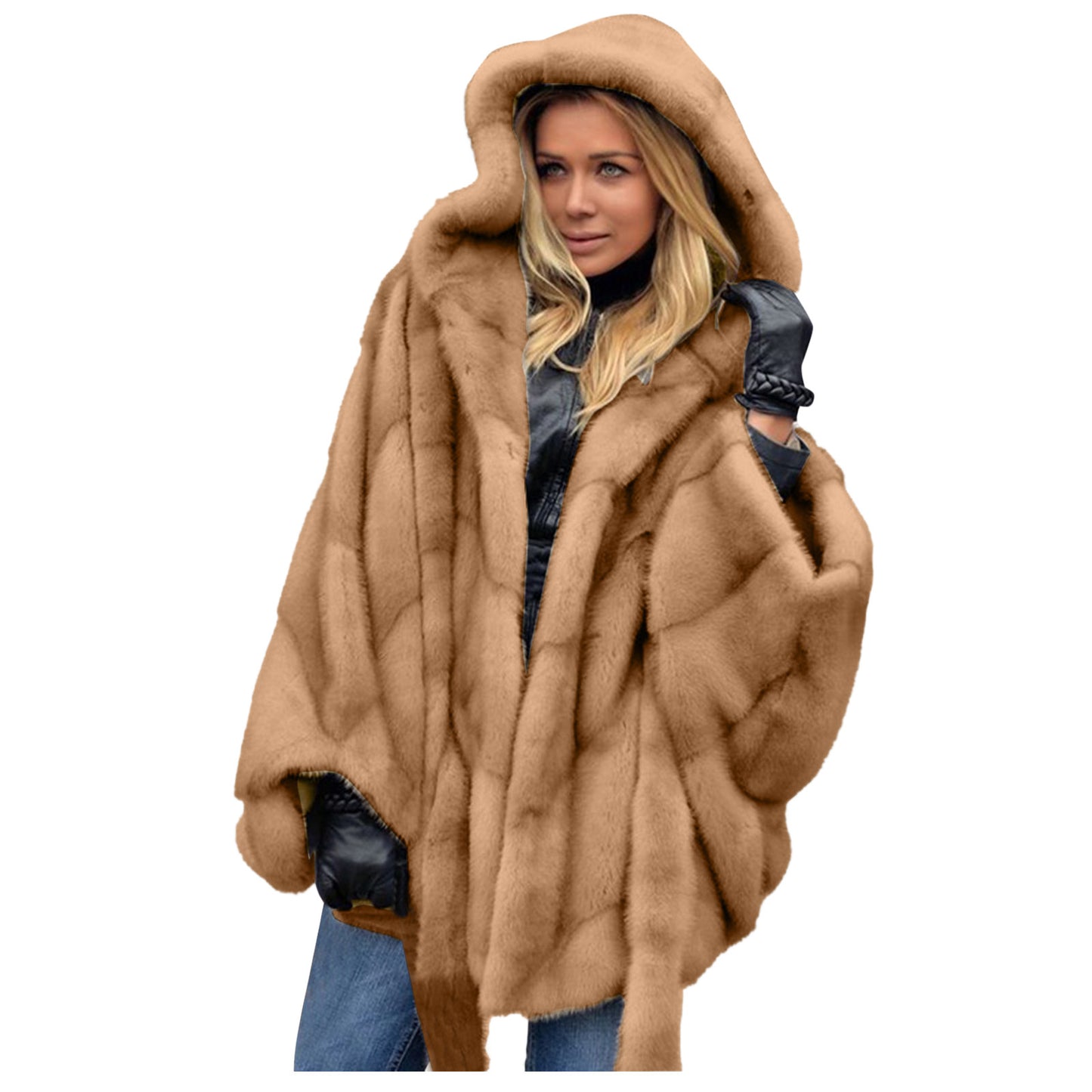 Elegant Faux Fur Coat Women Hooded Jacket Winter Fashion Warm Outwear Casual Solid Long Sleeve