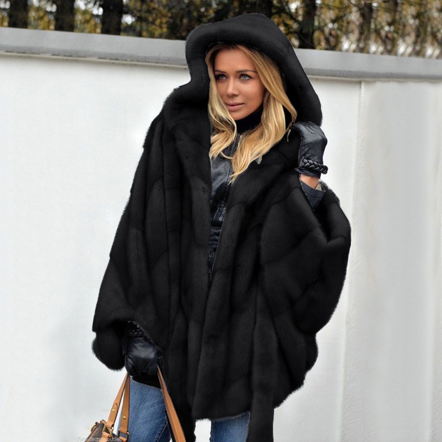 Elegant Faux Fur Coat Women Hooded Jacket Winter Fashion Warm Outwear Casual Solid Long Sleeve