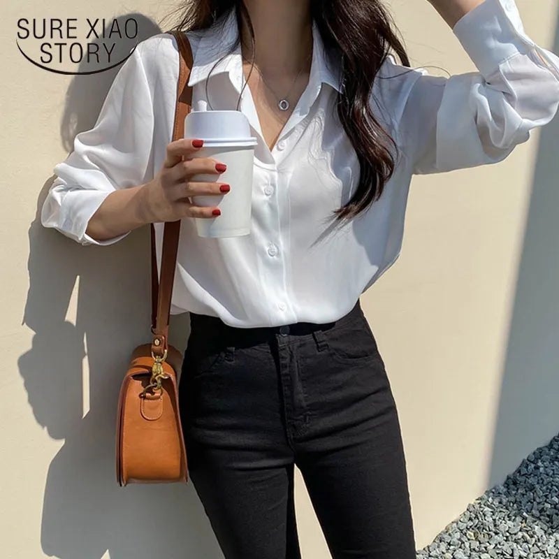 Spring Fashion Women Blouse White Blouse Bottom Shirt Black Chiffon Shirt Office