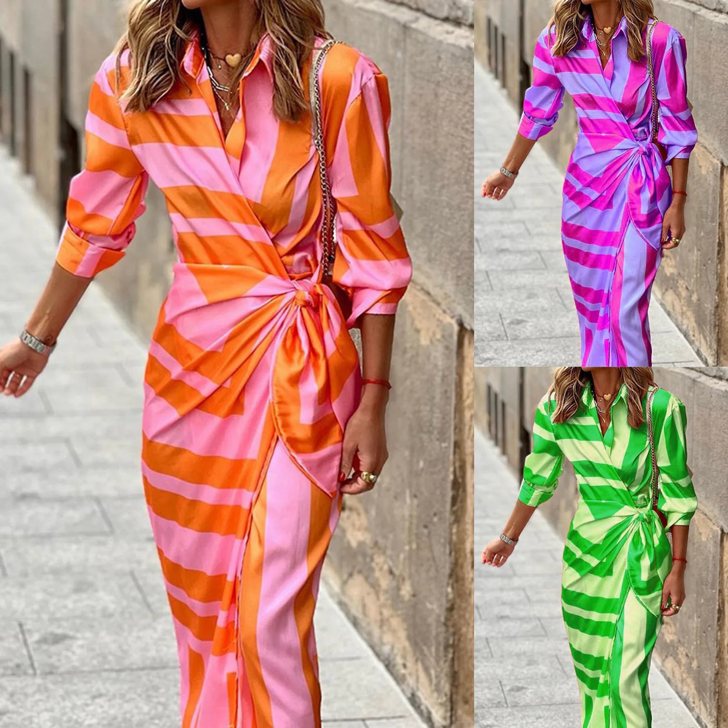 Fashion Printed Half Sleeve Shirt Dresses for Women Elegant  Striped Print Belted Wrap Dress