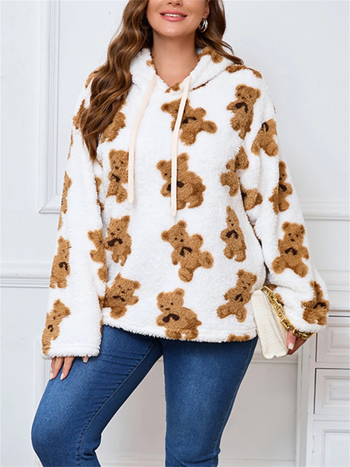 Women s Plus Size Hoodies Sherpa Bear Print Hooded Long Sleeve Sweatshirts Pullovers Fall Winter Casual Tops with Pockets