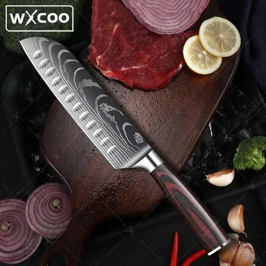 Stainless Steel Cooking Knife Laser Damascus Pattern Santoku Knife Professional Boning Knife Sharp Kitchen Knife