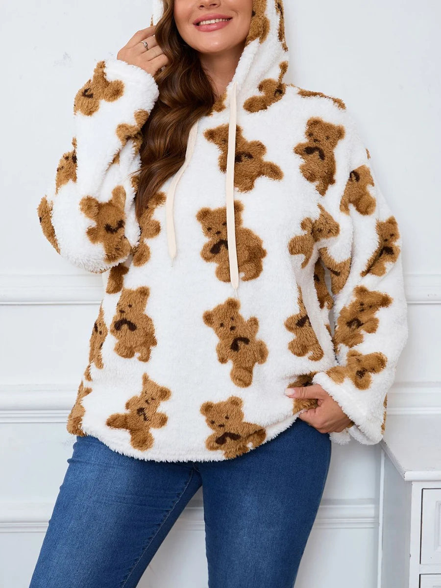 Women s Plus Size Hoodies Sherpa Bear Print Hooded Long Sleeve Sweatshirts Pullovers Fall Winter Casual Tops with Pockets