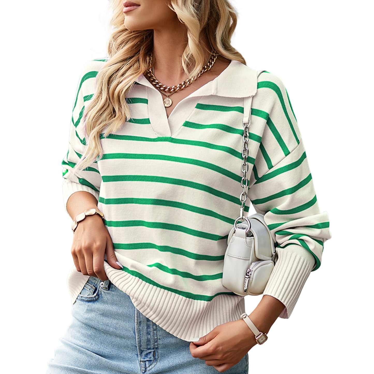 Women Casual Knitted Blouse Versatile Striped Knitted Top Long Sleeve - justforyoushopping23