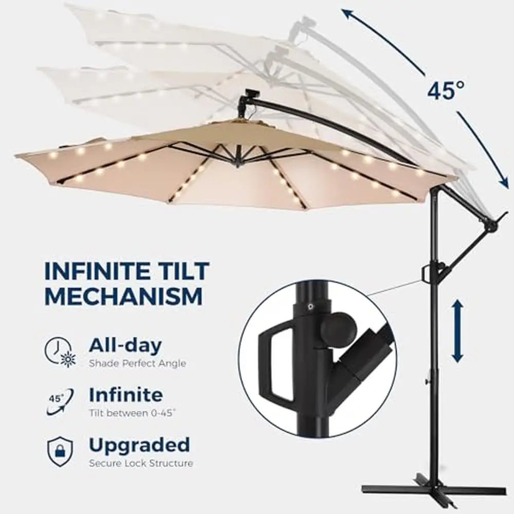 Solar Powered 10ft Offset Cantilever Patio Umbrella with LED Lights and Base High-Quality UV Resistant Outdoor Market Umbrella