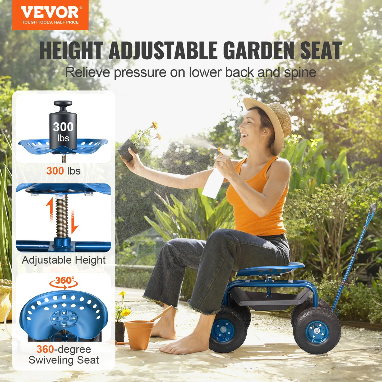 VEVOR Garden Cart Rolling Workseat