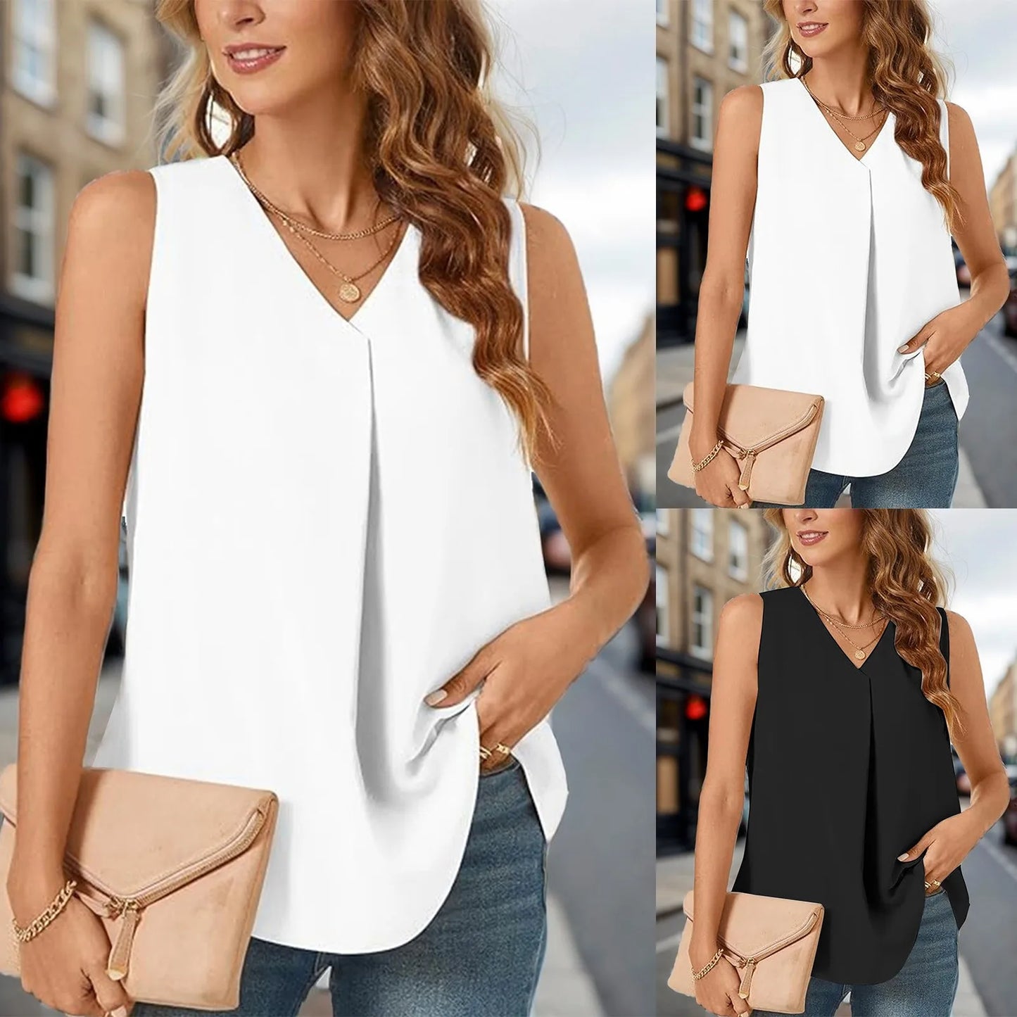 2024 Summer Dressy Chiffon Blouses V Neck Sleeveless Solid Tops Office Work Clothes