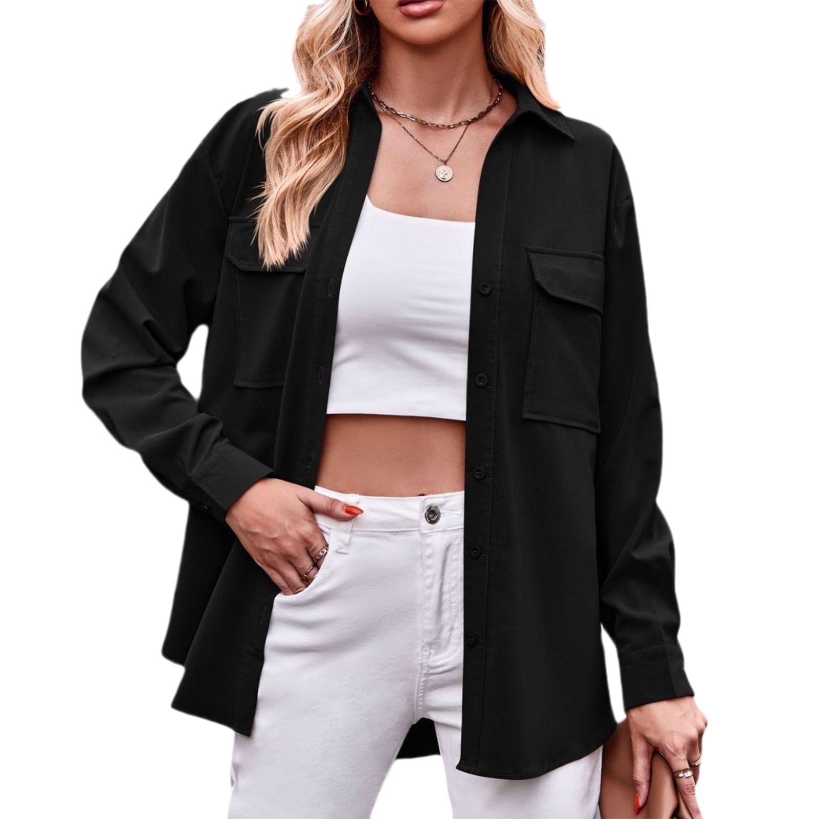 Women Elegant Blouses Tops Stylish Long Sleeve Casual Solid Color Coat with Pockets Autumn Jacket Loose Outfit - justforyoushopping23