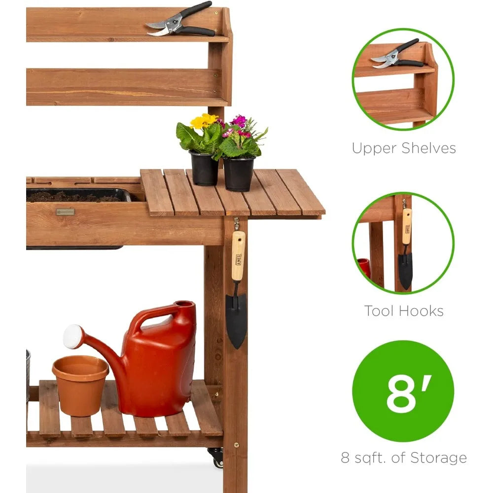 Mobile Garden Potting Bench, Outdoor Wood Workstation Table w/Sliding Tabletop, 4 Locking Wheels, Food Grade Dry Sink