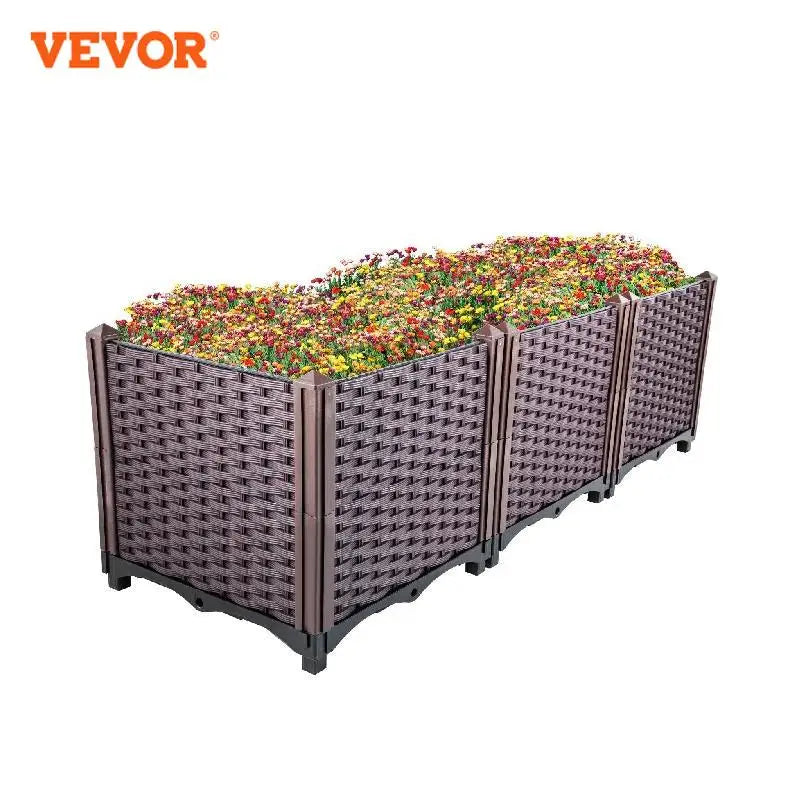 VEVOR Plastic Raised Garden Beds In/Outdoor 20.5"H/14.5"H Flower Box Kit Brown Rattan Style Grow Planter Care Box Set of 3/4