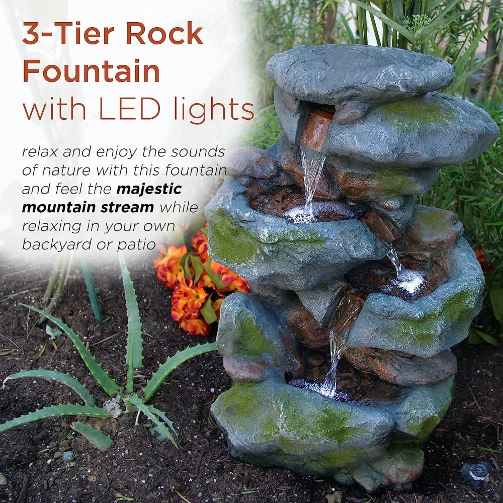 Tall Outdoor 3-Tier Rock Waterfall Fountain with LED Lights, 15"L x 13"W x 22"H, Gray/Beige, WIN582 - justforyoushopping23