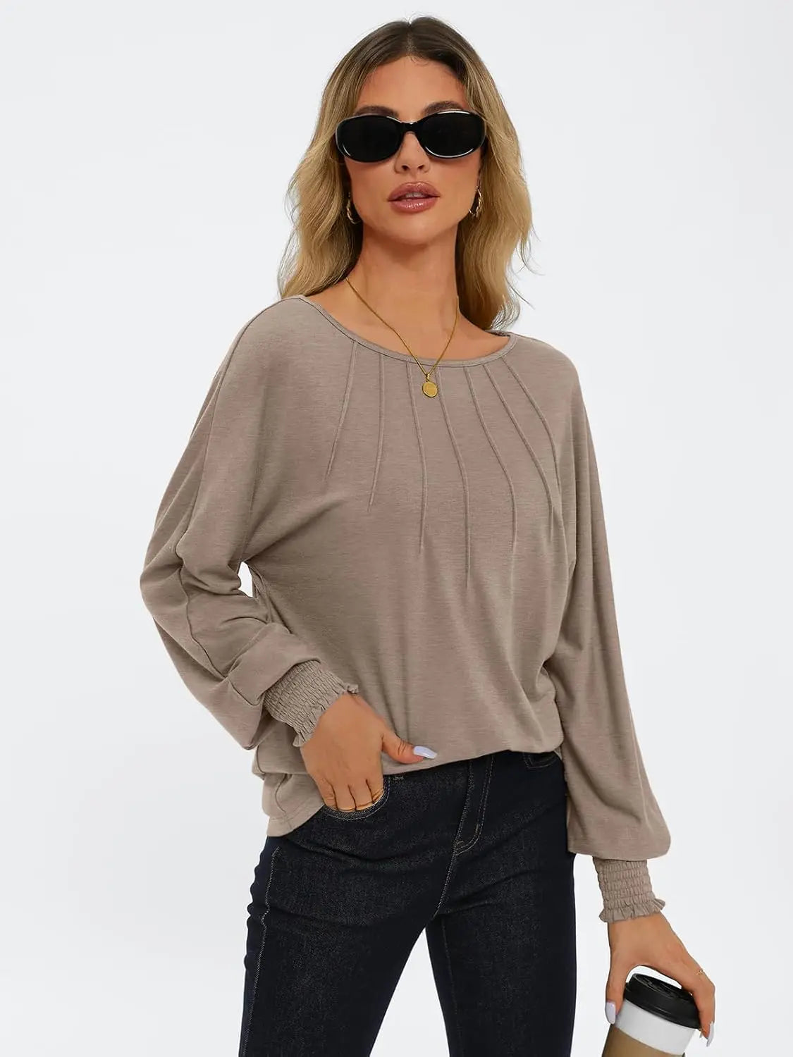 Womens Fall Fashion Long Sleeve Shirts Fall Tops Pleated Shirts Casual Loose Dressy Basic Trendy Clothes 2024