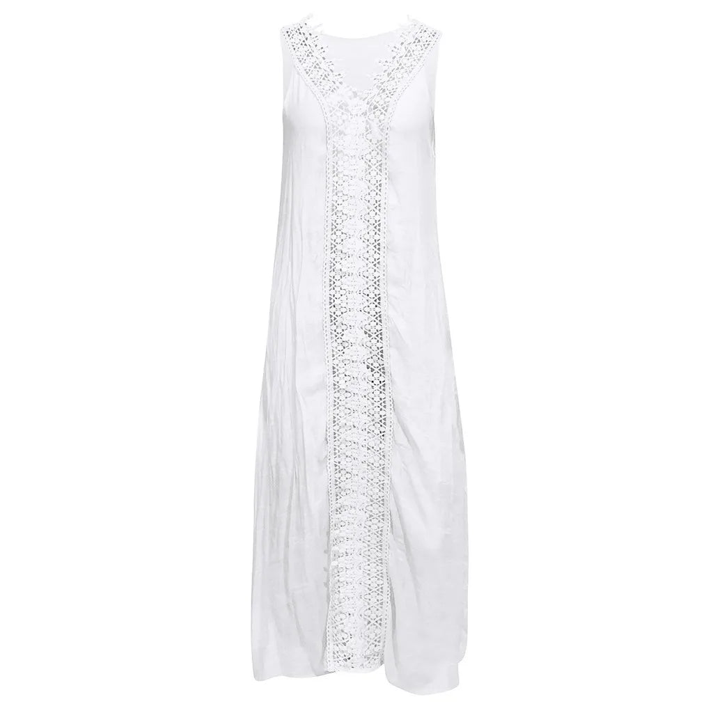 2024 New Summer Women Loose Sleeveless Lace Splice Dress