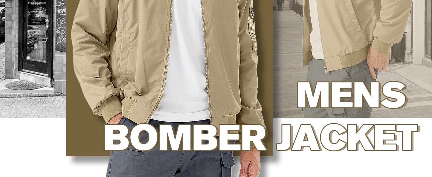 Men's Bomber Jacket Lightweight Casual Spring Fall Windbreaker Softshell Coat With Pocket